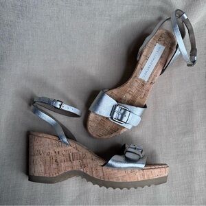 Stella McCartney Linda Cork Platform Metallic Silver Strappy Sandals 37